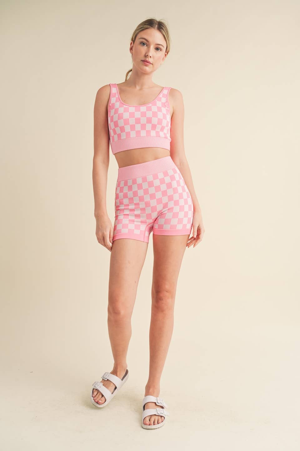 Checkmate Cropped Two Piece Set: Pink / M