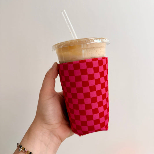 Iced Coffee Sleeve, Red & Pink Check Pattern