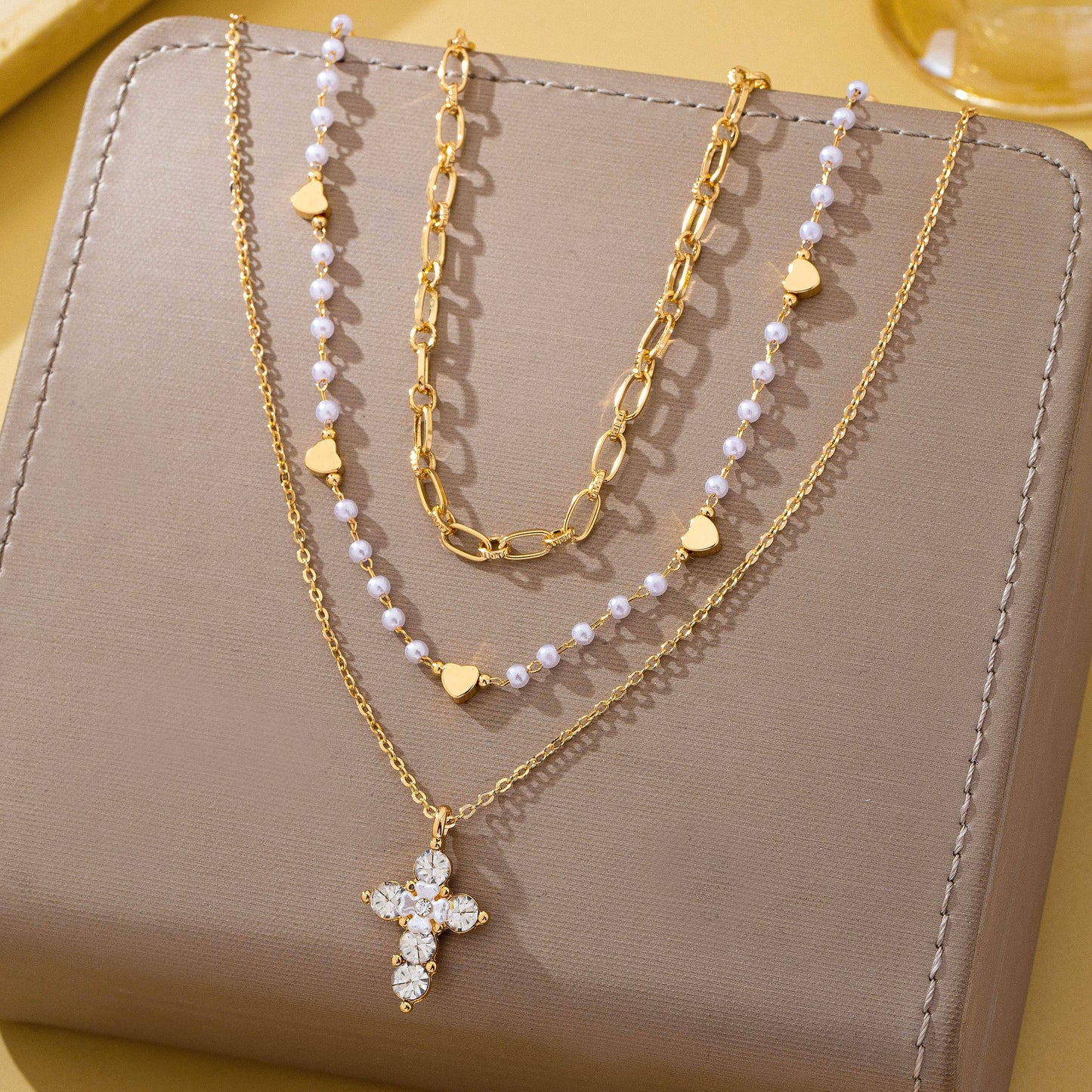 Multi-Strand Pearl & Crystal Cross Necklace | 80N93302