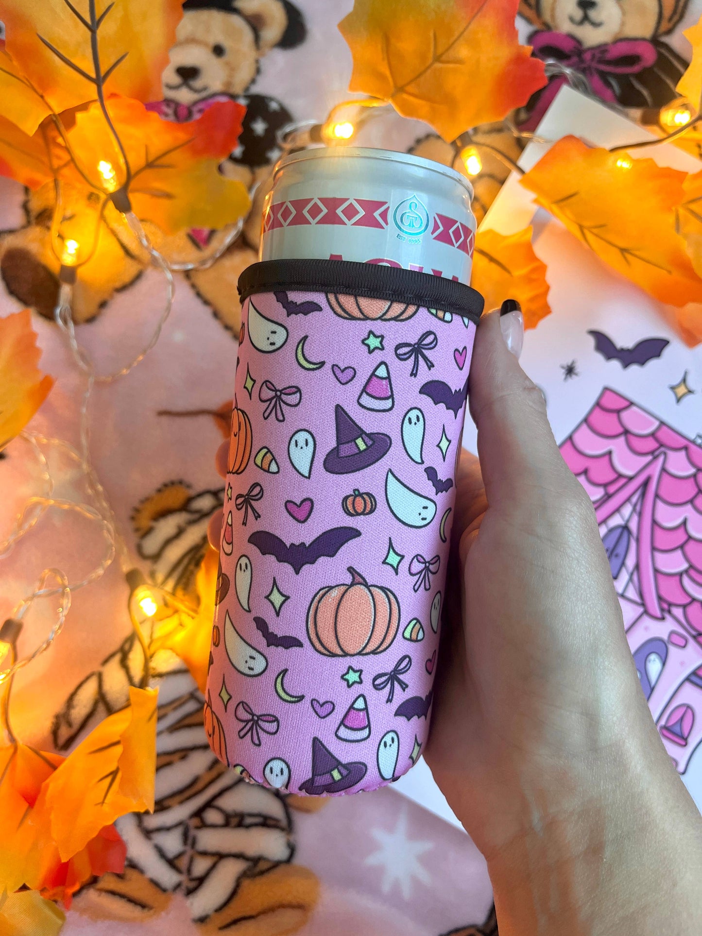Pink Halloween Slim Can Sleeve- 12 oz koozie 