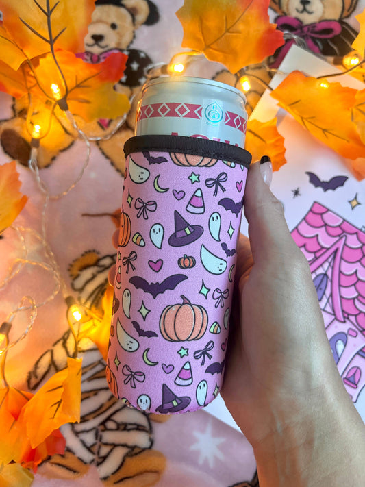 Pink Halloween Slim Can Sleeve- 12 oz koozie 