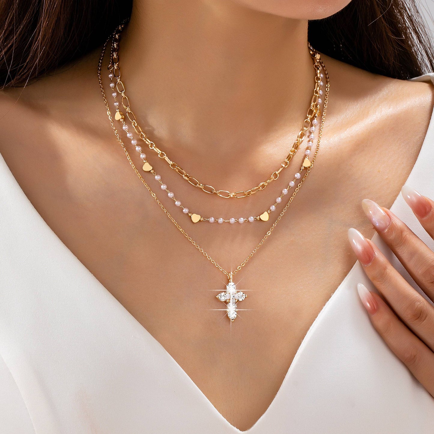 Multi-Strand Pearl & Crystal Cross Necklace | 80N93302