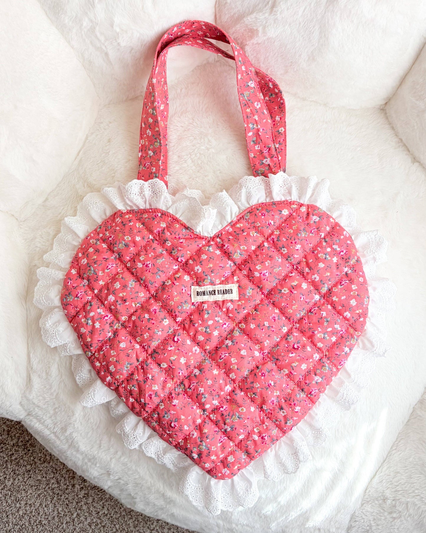 Romance Reader Red Quilted Heart Tote Bag with Ruffled Lace Trimming