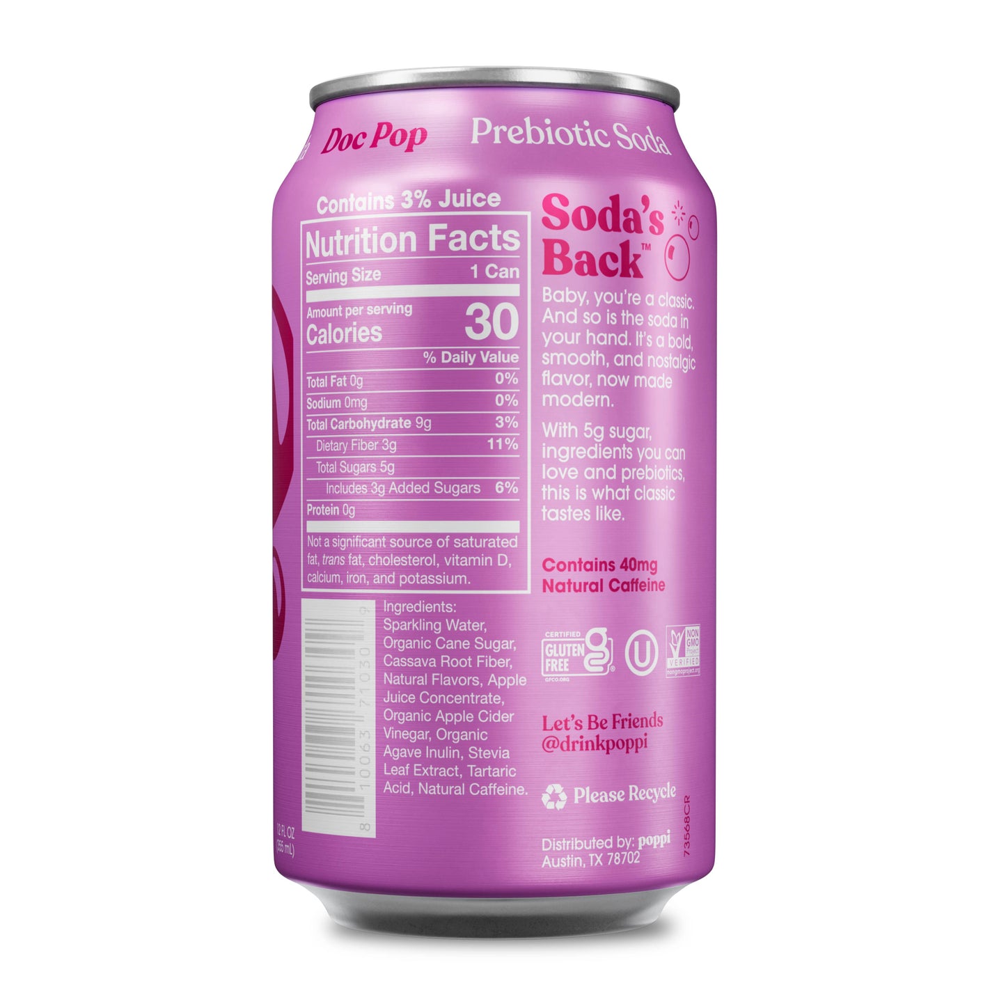 Poppi Prebiotic Soda, Doc Pop, 12oz