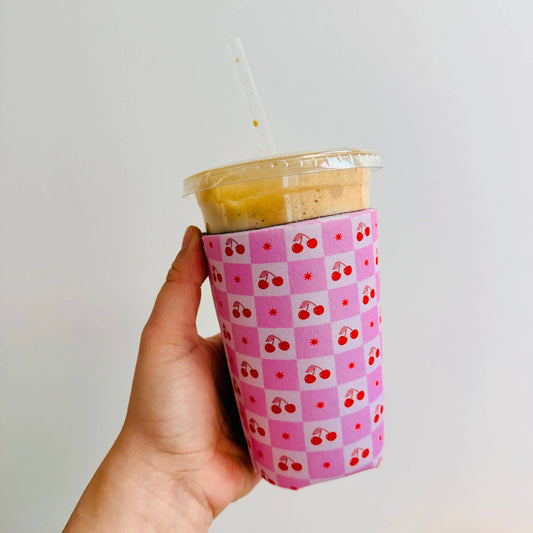 Iced Coffee Sleeve, Pink Cherry Checker Pattern