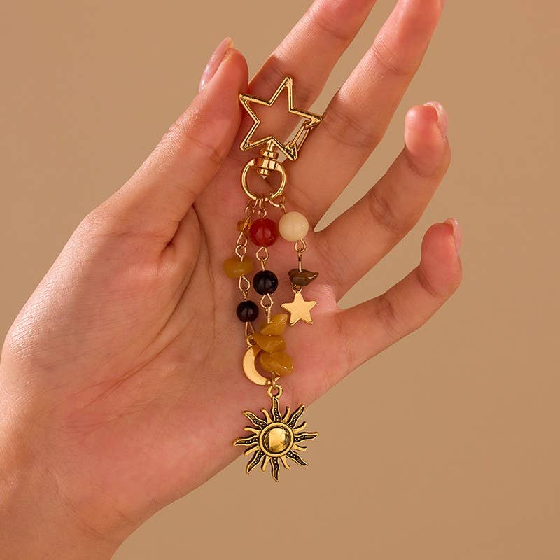 STAINLESS CELESTIAL SUN MOON STAR BEADED KEYCHAIN | 40KC188