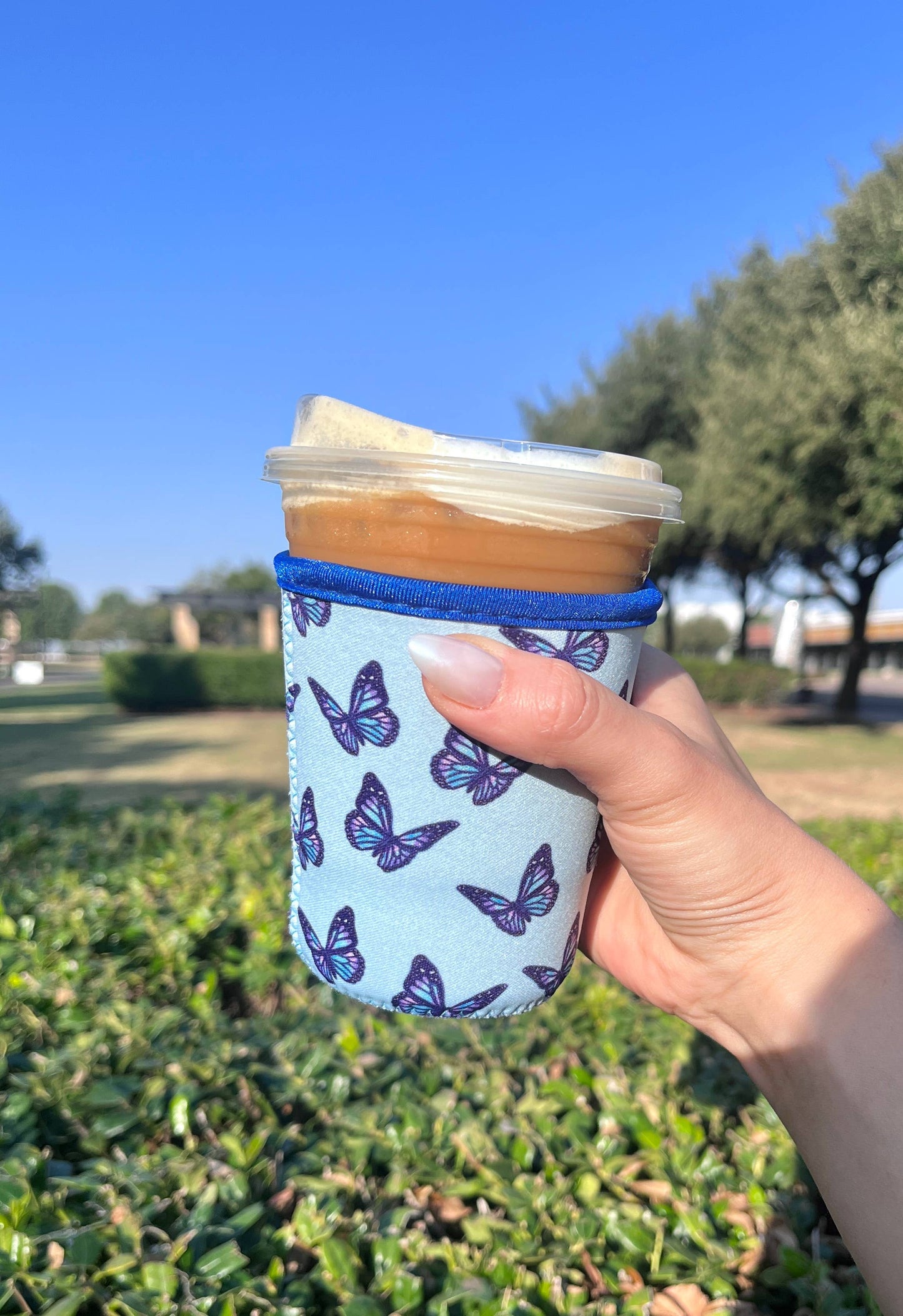 Blue Butterfly Iced Coffee Sleeve- 16oz Drink Koozie 