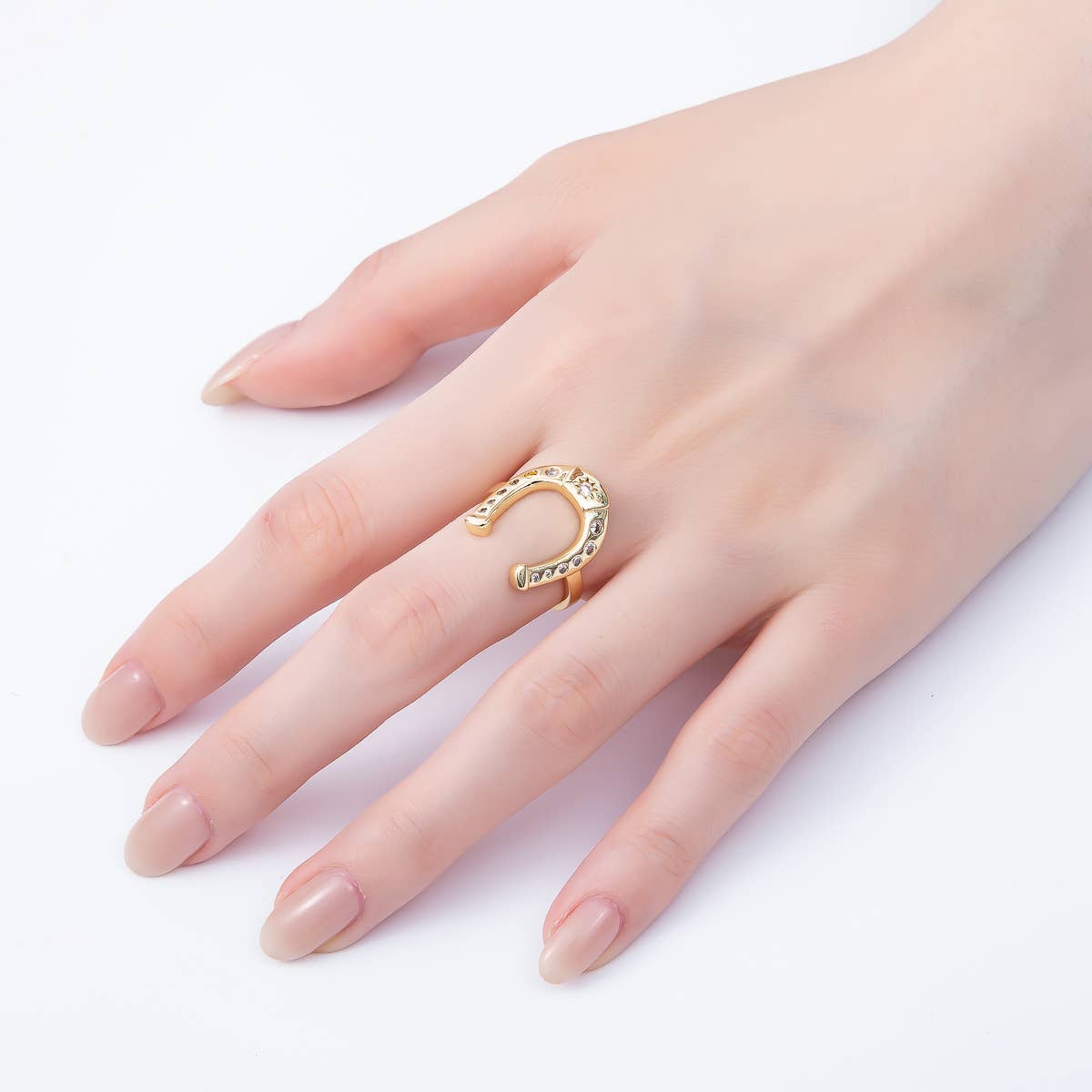 16K Gold Filled Clear CZ Dotted Celestial Sun Horse Shoe Adjustable Ring | Rings-00073
