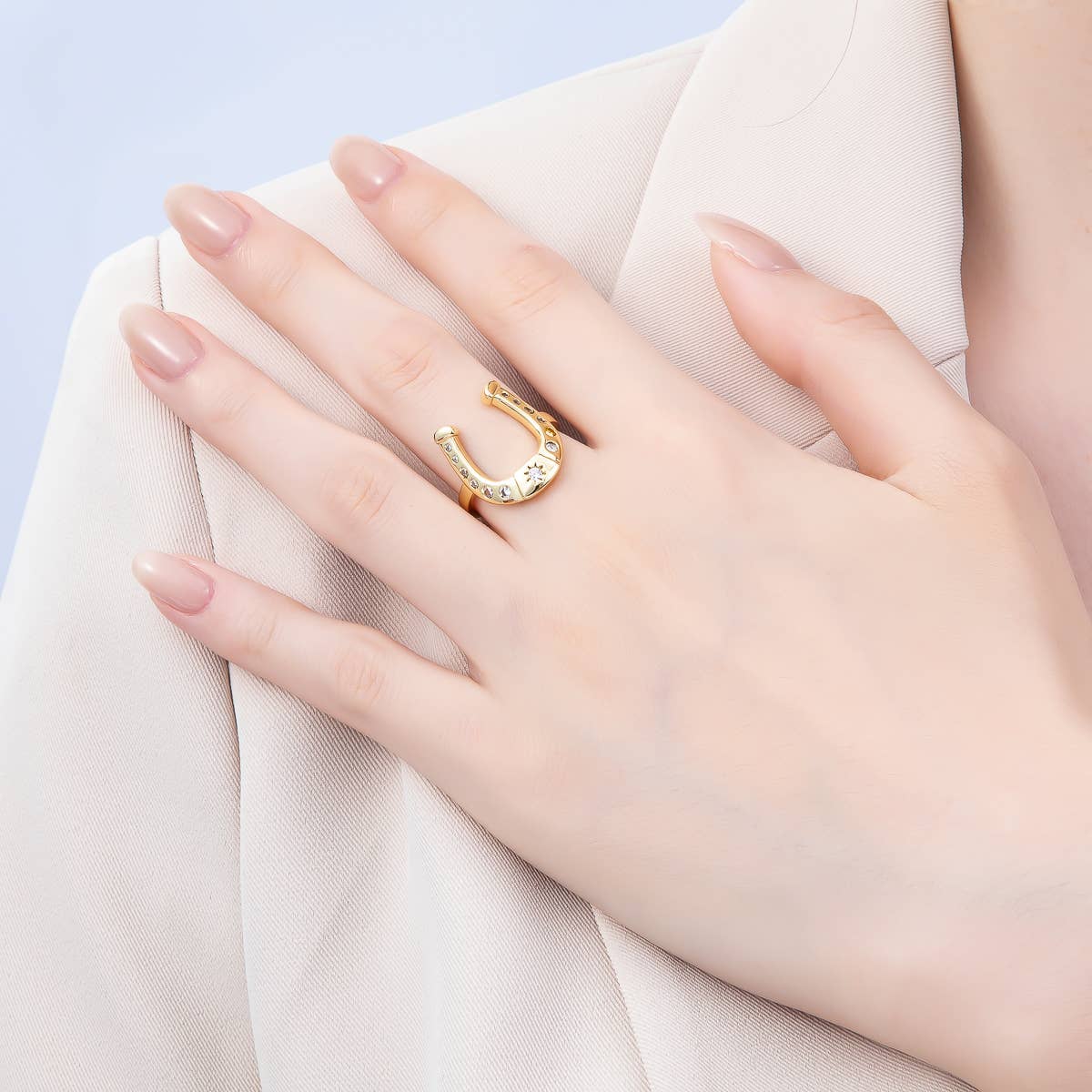 16K Gold Filled Clear CZ Dotted Celestial Sun Horse Shoe Adjustable Ring | Rings-00073