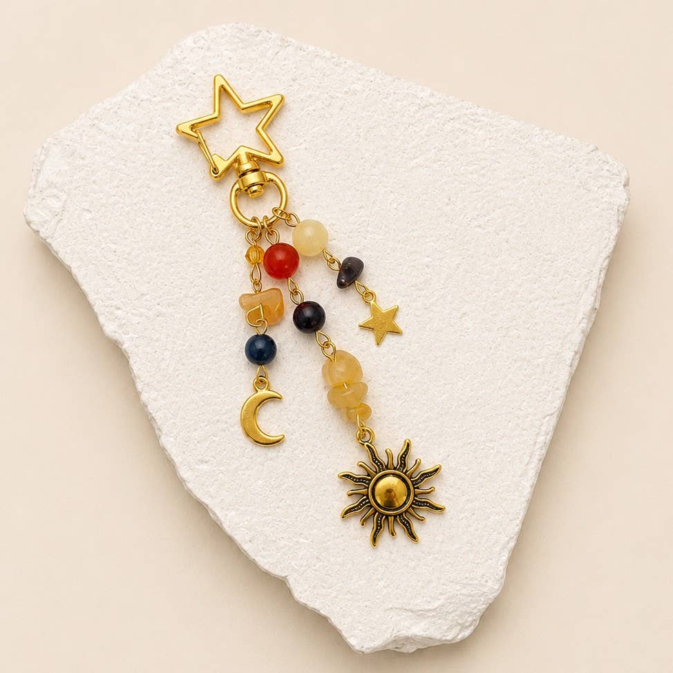 STAINLESS CELESTIAL SUN MOON STAR BEADED KEYCHAIN | 40KC188