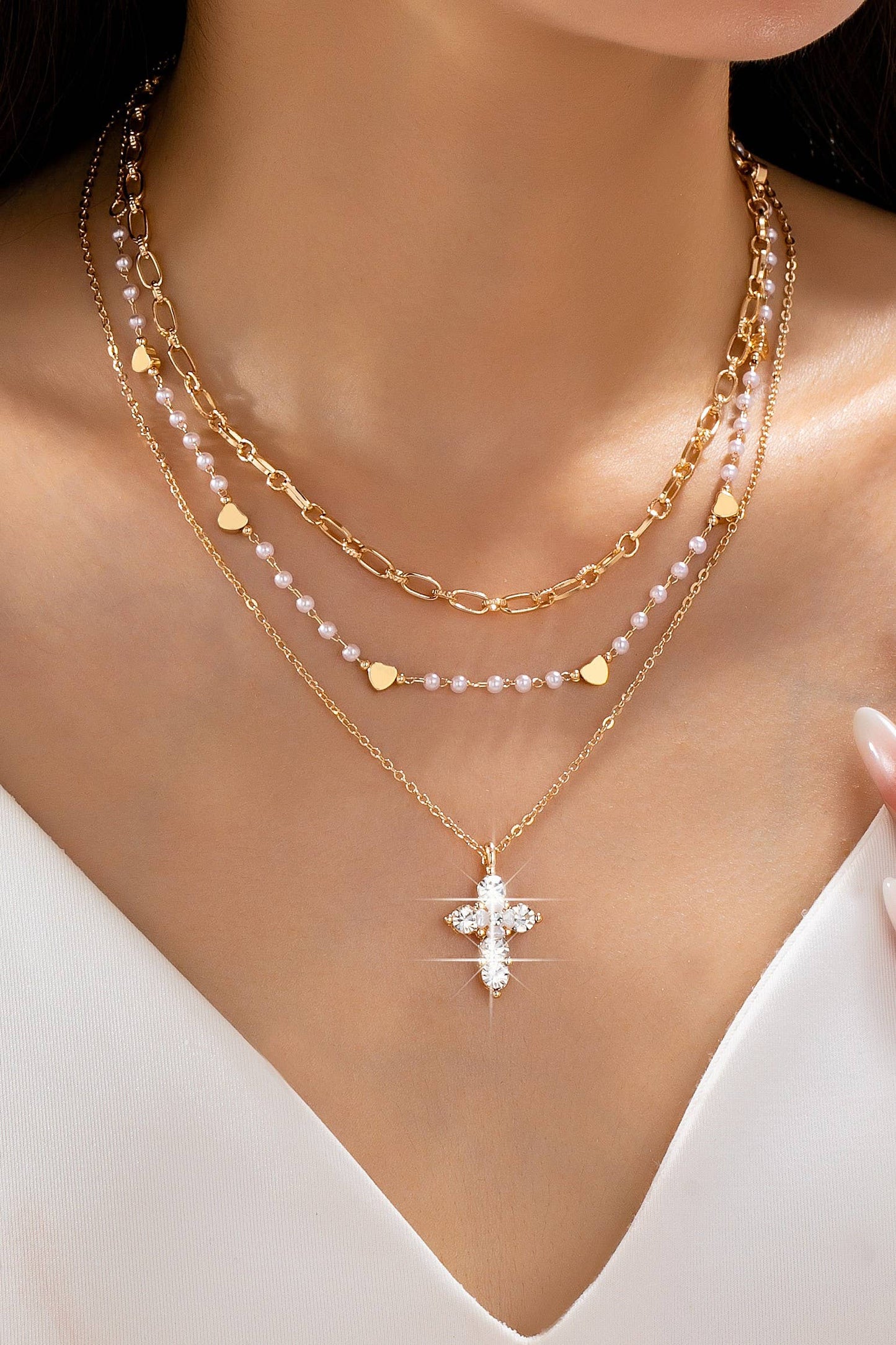 Multi-Strand Pearl & Crystal Cross Necklace | 80N93302