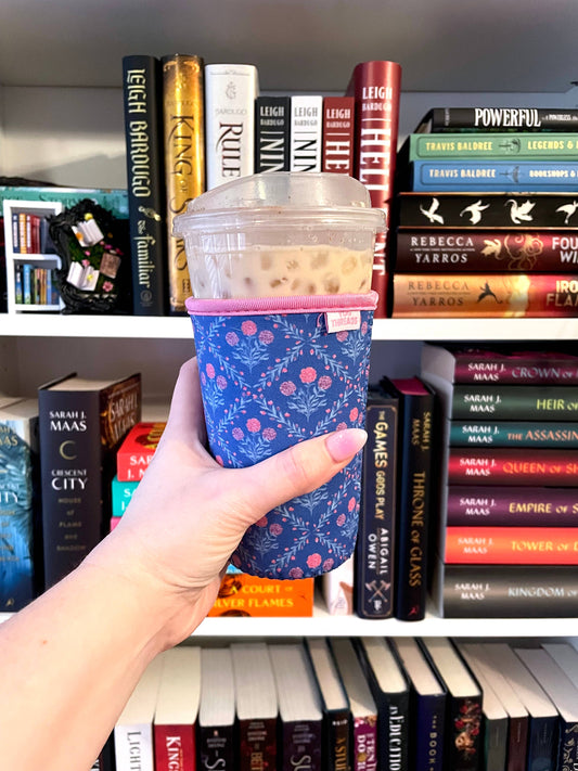 Blue Floral Trellis Iced Coffee Drink Sleeve- Medium