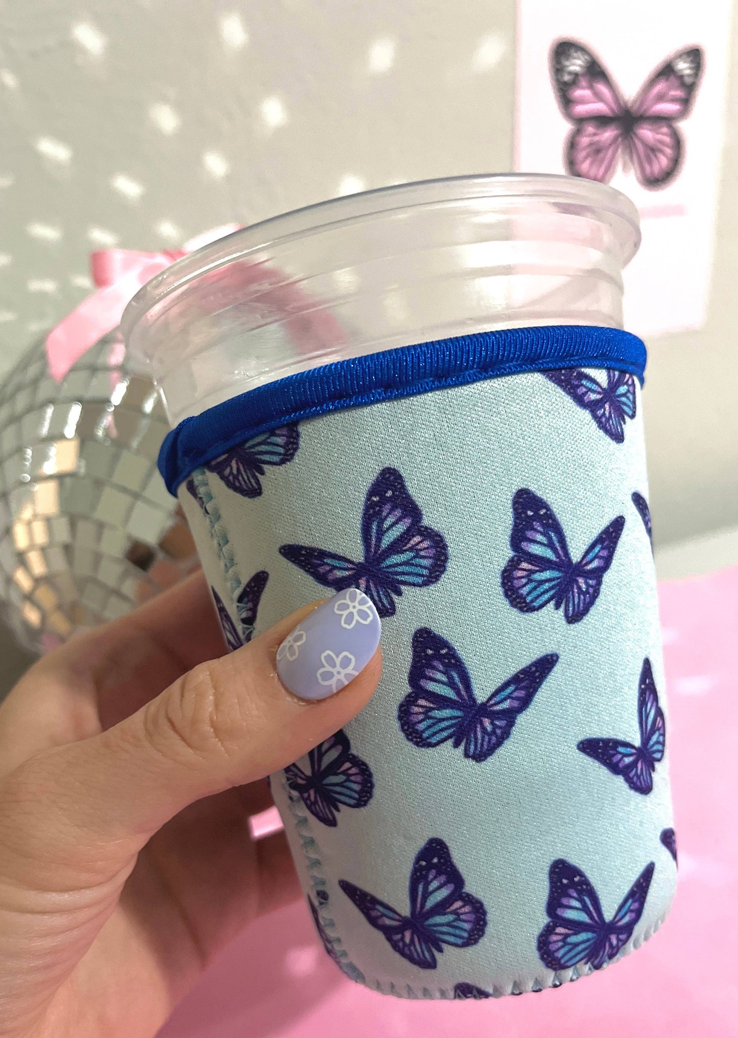 Blue Butterfly Iced Coffee Sleeve- 16oz Drink Koozie 