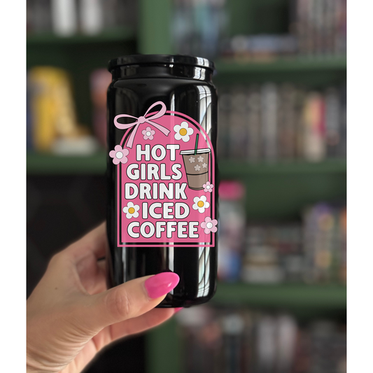 Hot girls drink iced coffee cup