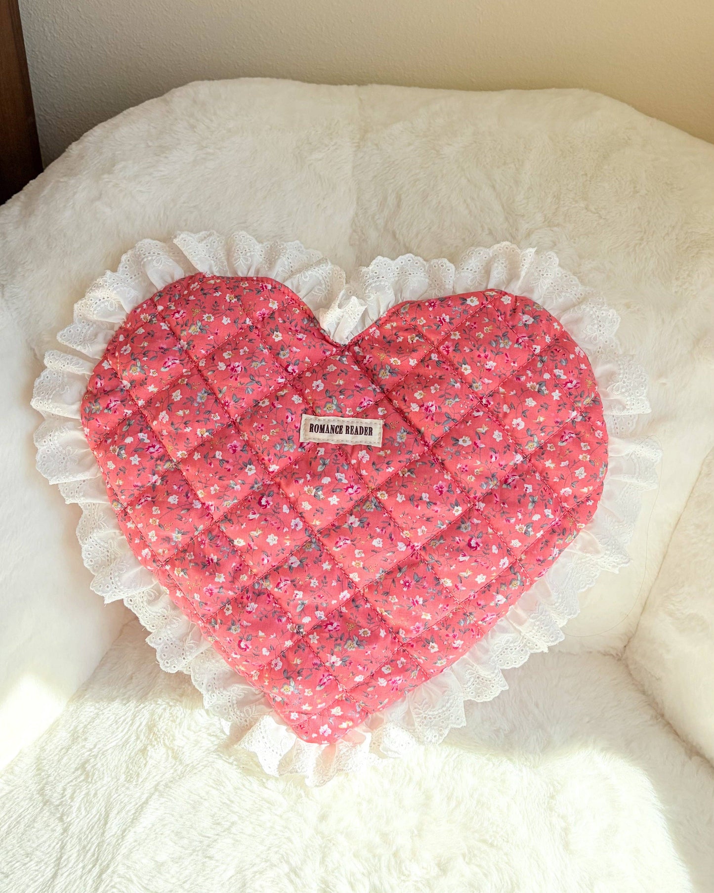 Romance Reader Red Quilted Heart Tote Bag with Ruffled Lace Trimming