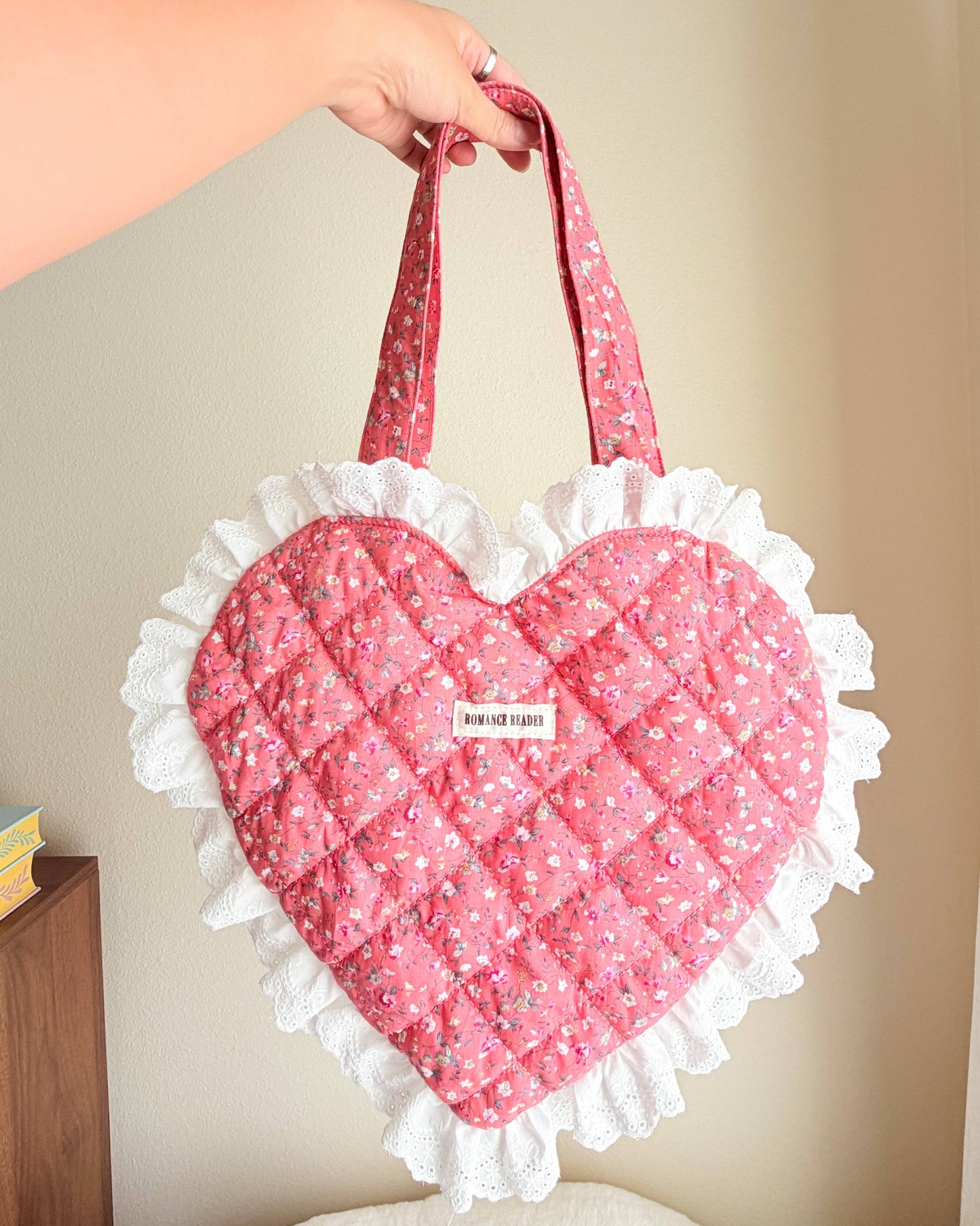 Romance Reader Red Quilted Heart Tote Bag with Ruffled Lace Trimming