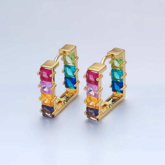 24K Gold Filled Multicolor Square CZ Front-Facing Square Huggie Earrings | AD768