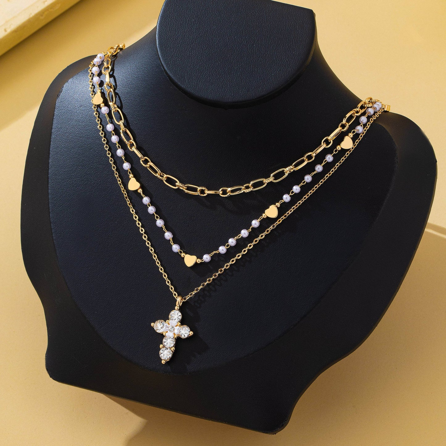 Multi-Strand Pearl & Crystal Cross Necklace | 80N93302