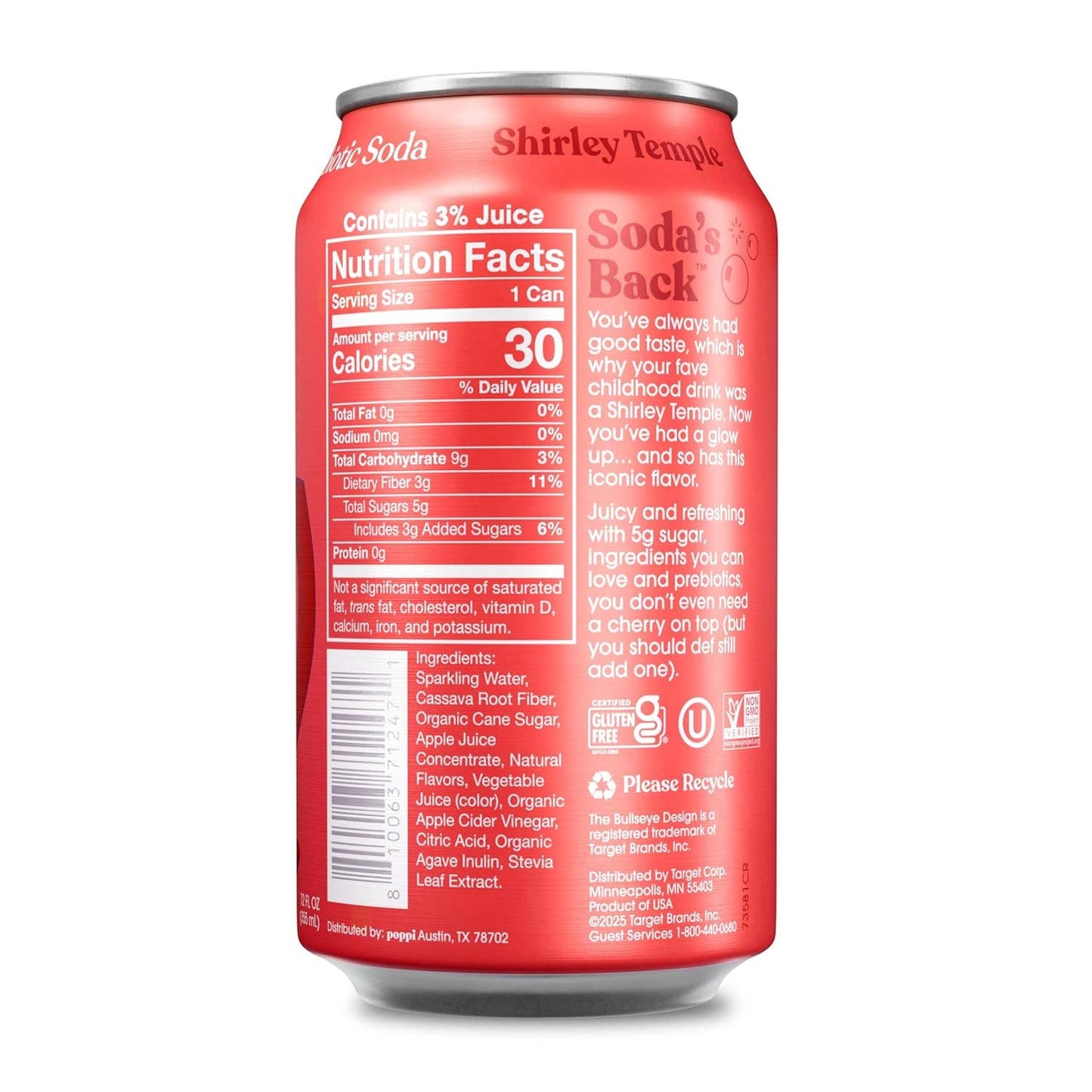 Poppi Prebiotic Soda, Shirley Temple, 12oz