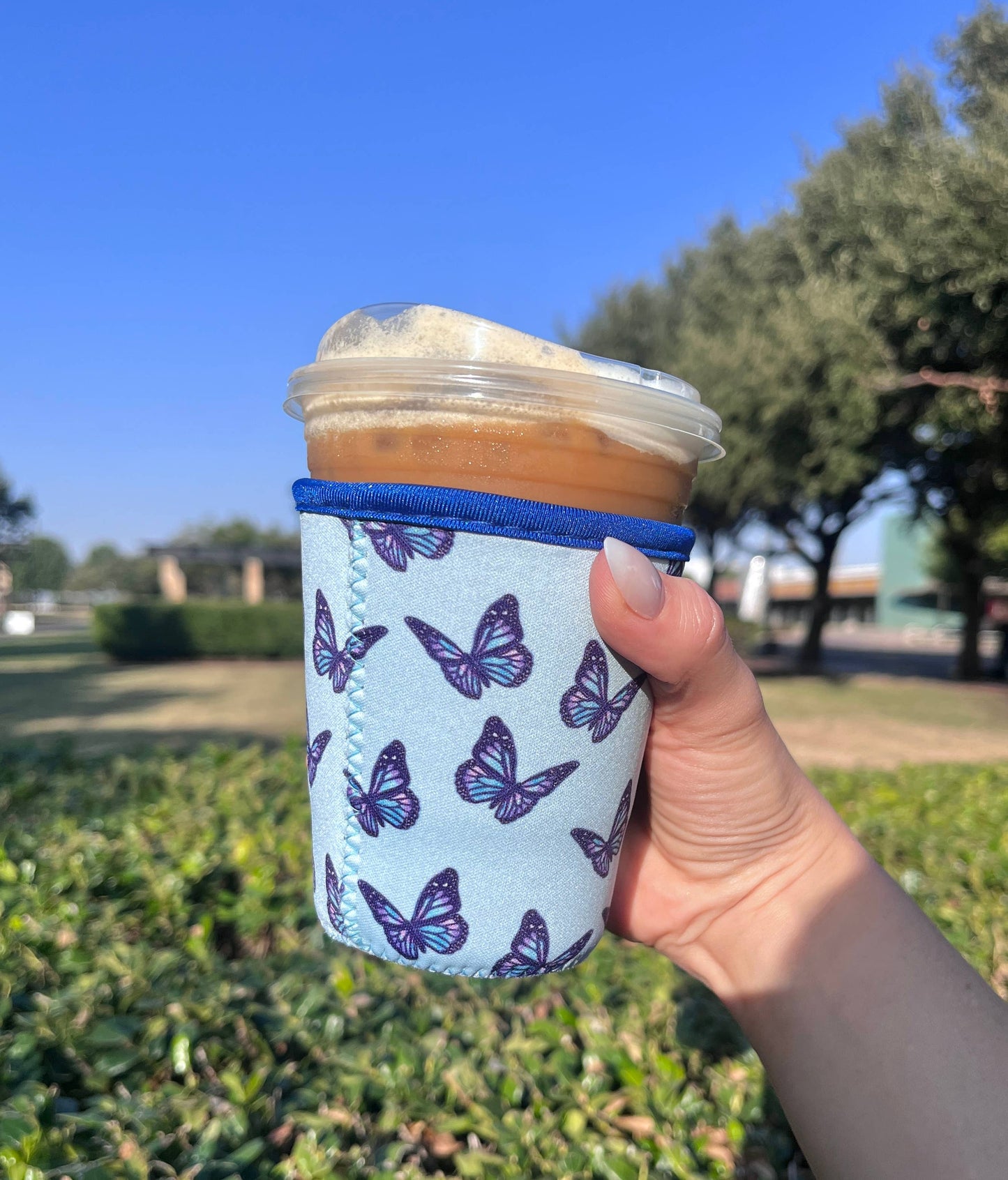 Blue Butterfly Iced Coffee Sleeve- 16oz Drink Koozie 